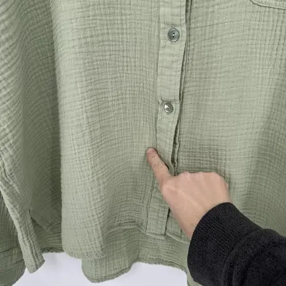 Be Cool Womens M/L Sage Green Gauze Cotton Button Front Roll Tab Oversized Top - Picture 10 of 12